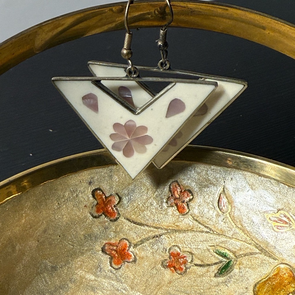 Elegant White and Pink Shell Mexican Silver Triangle Earrings